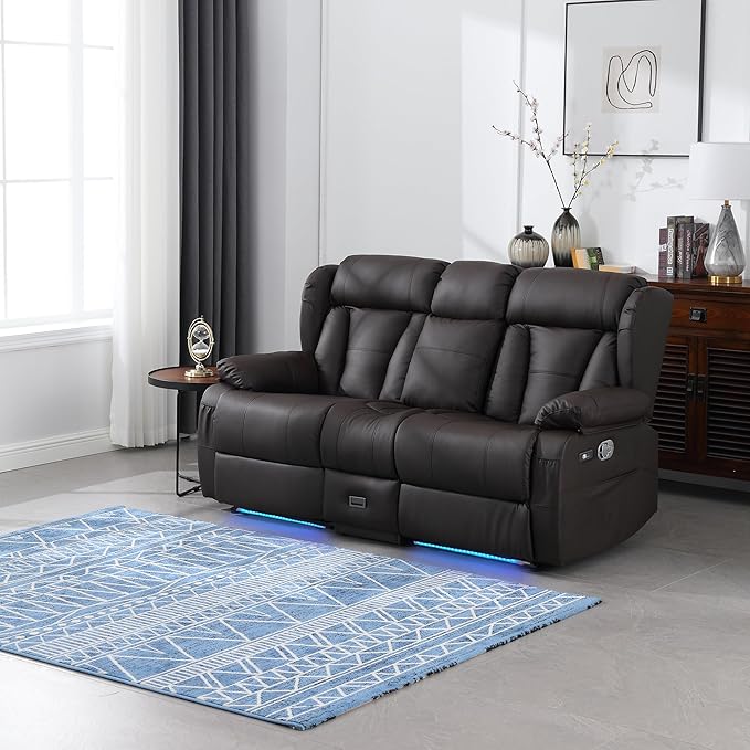 72.8" Loveseat Recliner Sofa, Manual Reclining Couch with Console, AC Outlet & USB-A/USB-C Ports, Wall Hugger RV Sofa for Living Room & Home Theater with Cup Holders (Brown Console with LED)