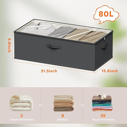 10inch 3 Pack Under Bed Storage Containers, 10 Inch Tall Underbed Clothes Storage Organizer Bin with Clear Window,Foldable Box Basket for Clothes, Closet, Bed Sheets and Blankets Black