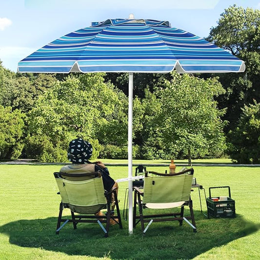 Aoxun 8 FT Beach Umbrella with Tilt Pole, Portable Sand Anchor and Carry Bag, UPF 50+ Sun Shelter Air Vents Design for Outdoor (Navy Blue & White)