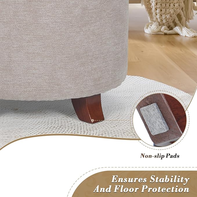 Athena Collection 20 Inch Small Ottoman with Storage, Round Linen Fabric Storage Ottoman with Removable Lid, Stylish Footstool Foot Rest for Living Room, Bedroom, Dorm, Khaki