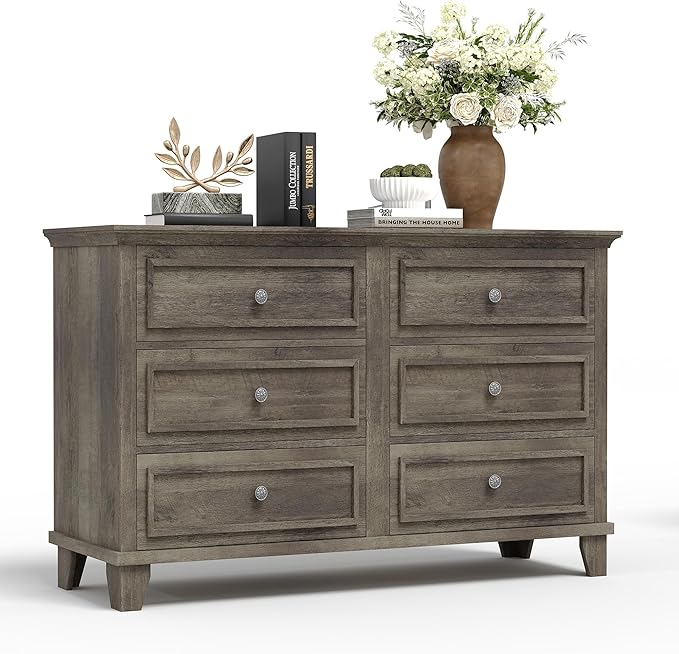GAOMON Dresser for Bedroom, 6 Drawer Wide Dresser Storage Organizer, Modern Wooden Chest of Drawers with Metal Handles for Hallway, Entryway, Home Office, Grey