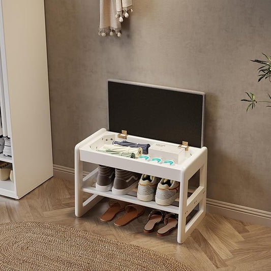 AQIMUELE Small Shoe Rack Bench,2 Tiers Shoe Bench with Storage with Flip-Top,Wood Shoe Rack for Entryway,Hallway(White Upholstered Seat)