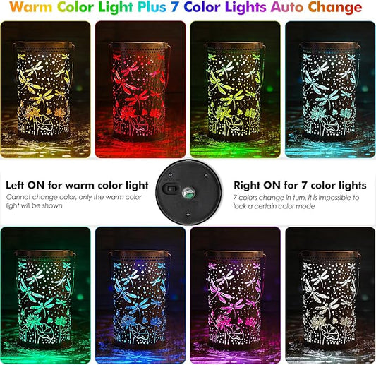 Fabuday Dragonfly Gifts Outdoor Solar Lantern Waterproof - Hanging Solar Power 8 Color Light Led for Outside, Garden Decor for Patio, Porch, Balcony, Yard and Deck, Gardening Gifts for Women 2 Pack