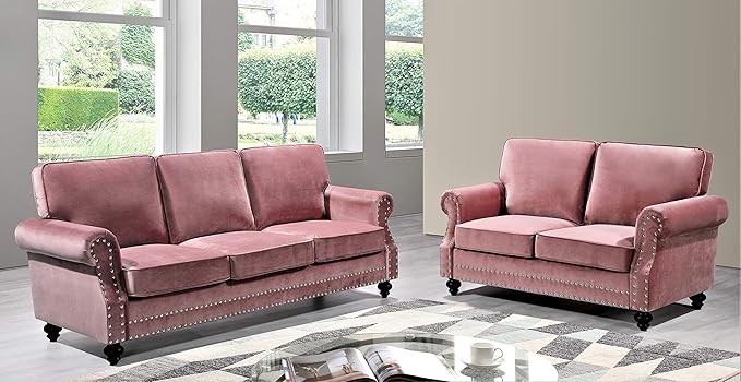 Container Furniture Direct Lotus Mid Century Modern Velvet Upholstered Living Room Rolled Arms, Loveseat, Rose