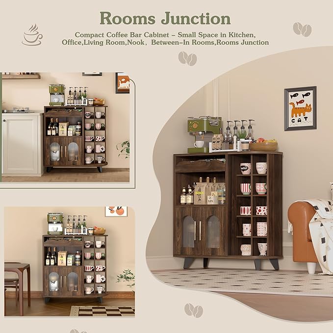 VINAEMO Coffee Bar Cabinet with 24-Cup Display, Large Drawer & Storage,Modern Buffet Sideboard for Kitchen, Medium Wooden Bar Station for Apartment๏ผWalnut