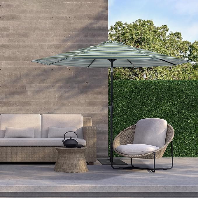 Tempera Striped Patio Umbrellas Outdoor Table Market Umbrellas with Crank & Pust Button Tilt|Auto-Tilt, 8 Steel Ribs, High Color-Fastness Canopy