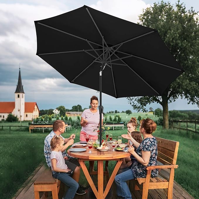 FLAME&SHADE 10 FT Solar Light Patio Umbrella, 40 LED lights outdoor umbrella with Centre Surround Light, Table Market Umbrella for Deck, Pool, Porch, Backyard, Garden, UV Protection, Black