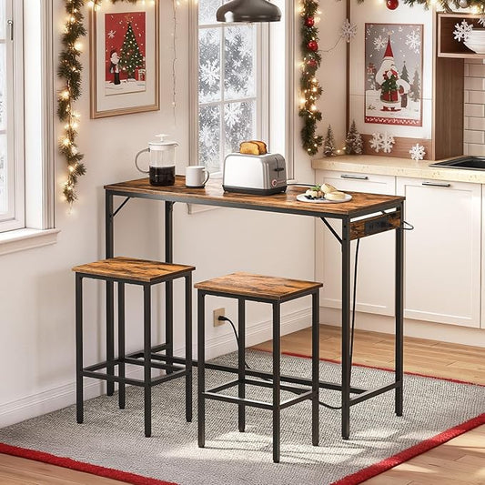 HOOBRO Bar Table and Chairs Set, 47.2" Dining Table Set with Power Outlet, 3-Piece Pub Table Set, Kitchen Bar Height Table with Stools of 2, Space Saving for Living Room, Rustic Brown BF46UBT01
