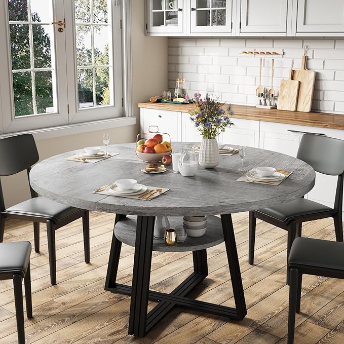 Garvee 47 in Inch Round Dining Table for 4, Farmhouse Dining Room Circle Dinner Table,Space Saving Wood Kitchen & Dining Room Furniture, Round Tables with Storage and Metal Square Legs, Grey