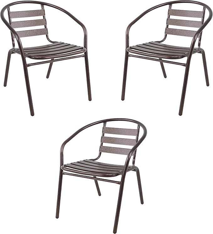 BTEXPERT Indoor Outdoor 28" Tempered Glass Trim Restaurant Aluminum Slat Stack Lightweight, 3 Metal Chairs with a Square Rattan Table, Bronze/Brown