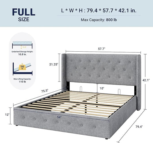 Allewie Full Size Lift Up Storage Bed, Button Tufted Headboard with Wingback, Hydraulic Support, No Box Spring Needed, Light Grey