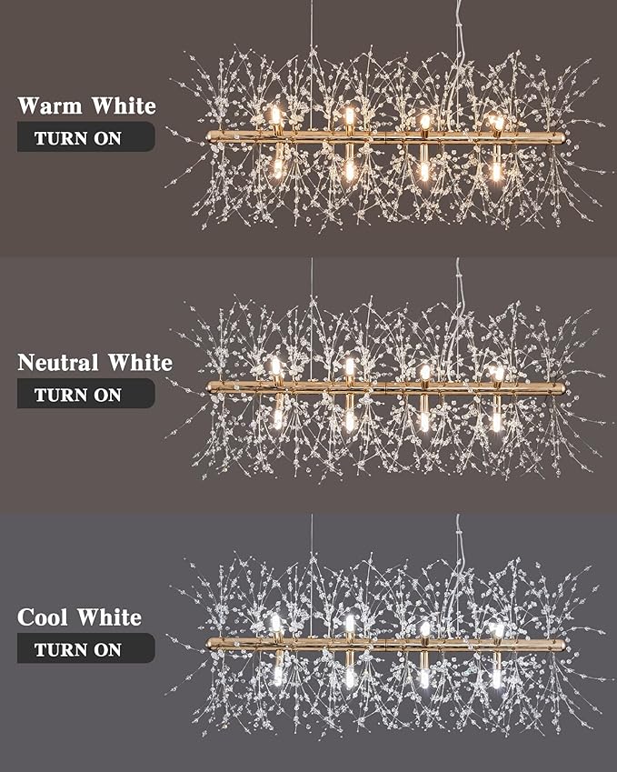 Modern 35.4" Modern Gold Crystal Firework Chandelier, 12-Light Pendant Light Fixture, Rectangle Linear Sputnik Dandelion Chandeliers for Dining Room Kitchen Living Room