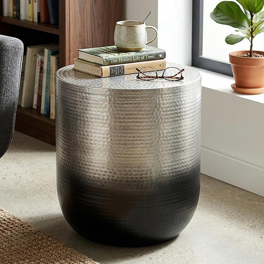 SIMPLIHOME Nova Metal Table - 19 inch Wide Round Iron Accent Table in Silver Ombre, Boho Drum Side Table for Living Room, Bedroom, or Office with Distinctive Textured Finish, Assembled
