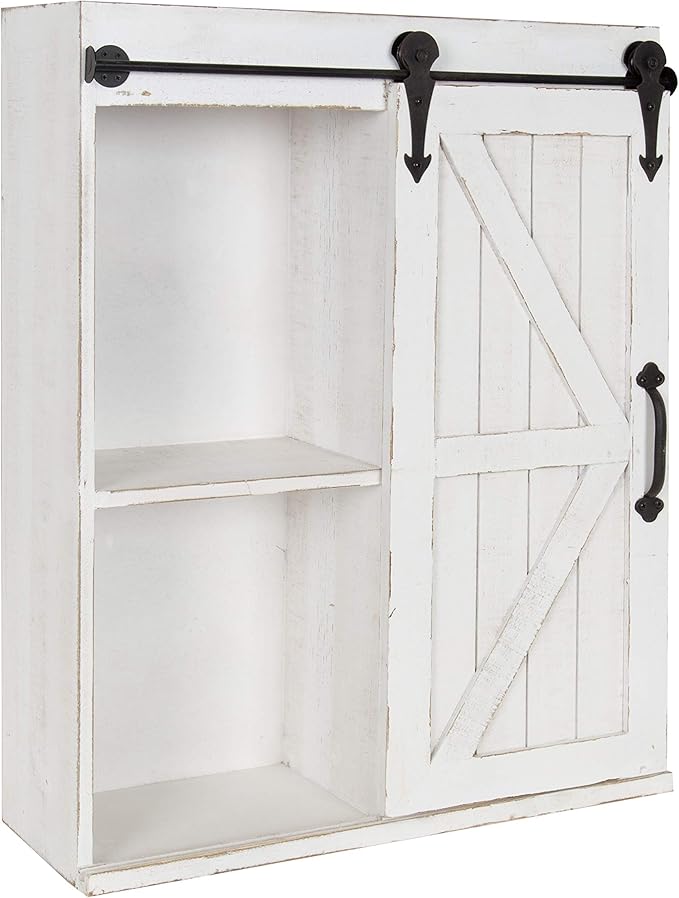 Kate and Laurel Cates Modern Farmhouse Decorative Wood Wall Storage Shelving Cabinet with Sliding Barn Door, Rustic White