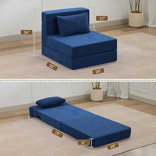 WUTUTUEE Folding Sofa Bed Convertible Floor Couch Foldable Chair Bed with Pillow,Linen Sleeper Chair Futon,Foldable Memory Foam Mattress for Bedroom/Living Room/Dorm/Office (Navy, Single)
