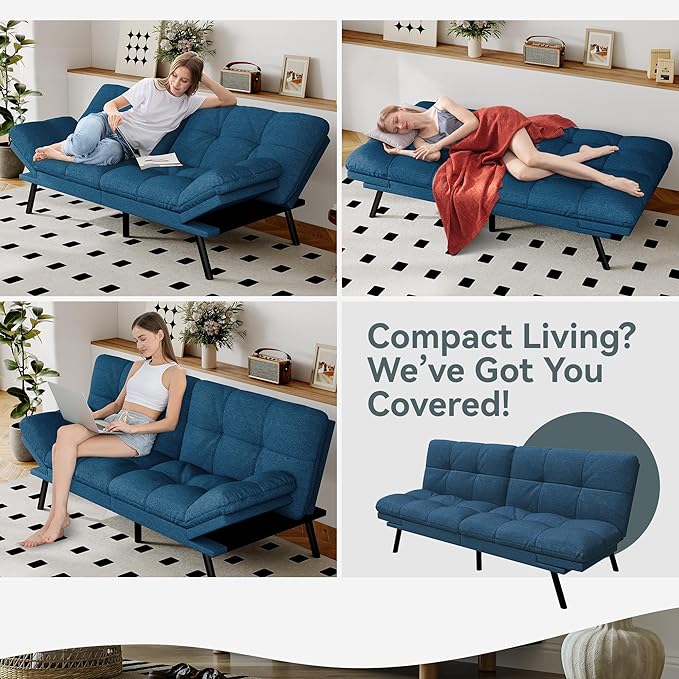 Futon Sofa Bed Convertible Couch, Blue Linen Sofa Bed with Memory Foam, Adjustable Backrest & Armrests, Multifunctional Small Loveseat Sleeper Sofa for Living Room, Apartment, Office