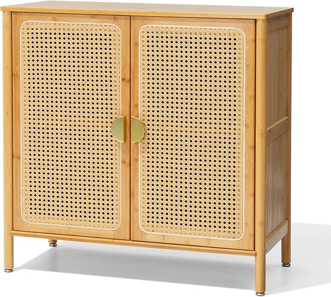 Pellebant Boho Buffet Cabinet with Storage, Bamboo Sideboard Cabinet with Rattan Decorated Doors and Shelves, Kitchen Pantry Cabinet for Hallway, Entryway, Living Room, Natural