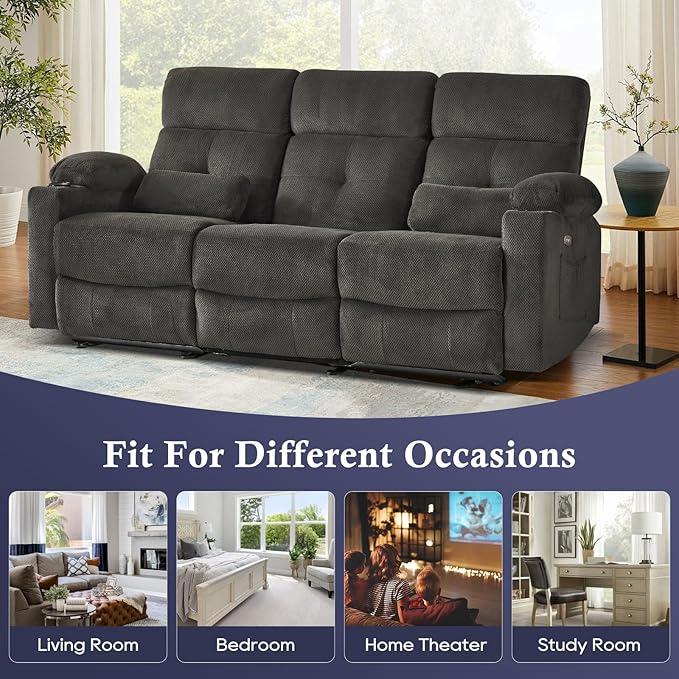80'' Power Reclining Sofa with Heat and Massage, Electric Reclining Couch with Extended Footrest, Wall Hugger 3-Seater Recliner Sofa with USB Ports, Cup Holders for Living Room