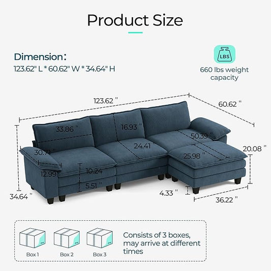 LINSY HOME 123'' Modular Sectional Sofa Blue Couch Corduroy Cloud Couches for Living Room, L Shaped Couch with Movable Ottoman, Modern Cloud Sectional Sofas for Bedroom and Apartment, Blue