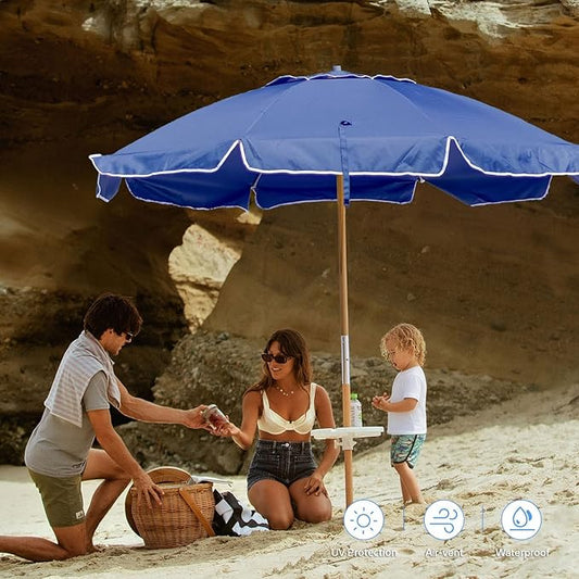 AMMSUN 7.5ft Heavy Duty HIGH Wind Beach Umbrella Commercial Grade Patio Beach Umbrella with Air Vent Ash Wood Pole & Carry Bag UV 50+ Protection Navy Blue