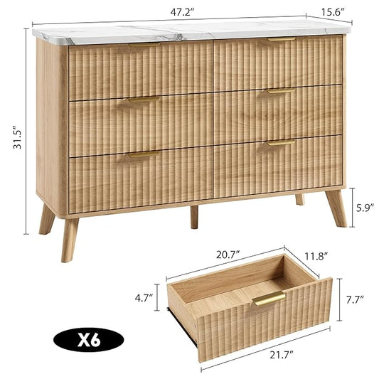 Garvee 6 Drawers Dresser for Bedroom, 47.2" Wide Dressers with Curved Profile Design, Fluted Wood Drawers with Gold Handle, Modern Chest of Dressers with Thickened Design for Living Room, Natural