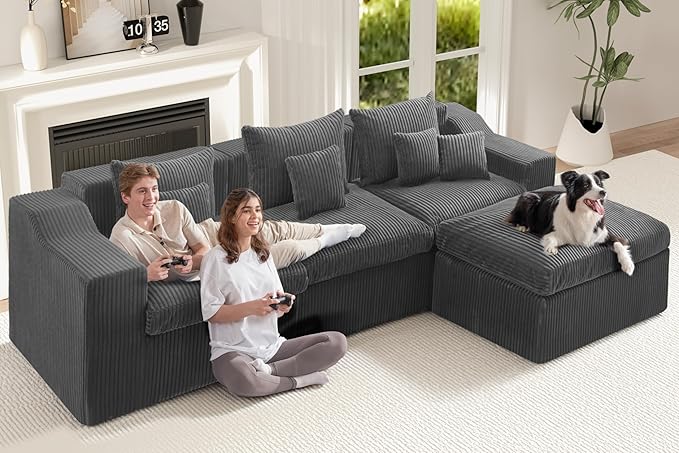 101" Modular Couch Sectionals with Ottoman, Big Comfy Cloud Couches, L Shaped 4 Seat Modular Sectional Sofa, Sectional Double Cushion Couches with Deep Seat for Living Room,No Assembly Required (Grey)
