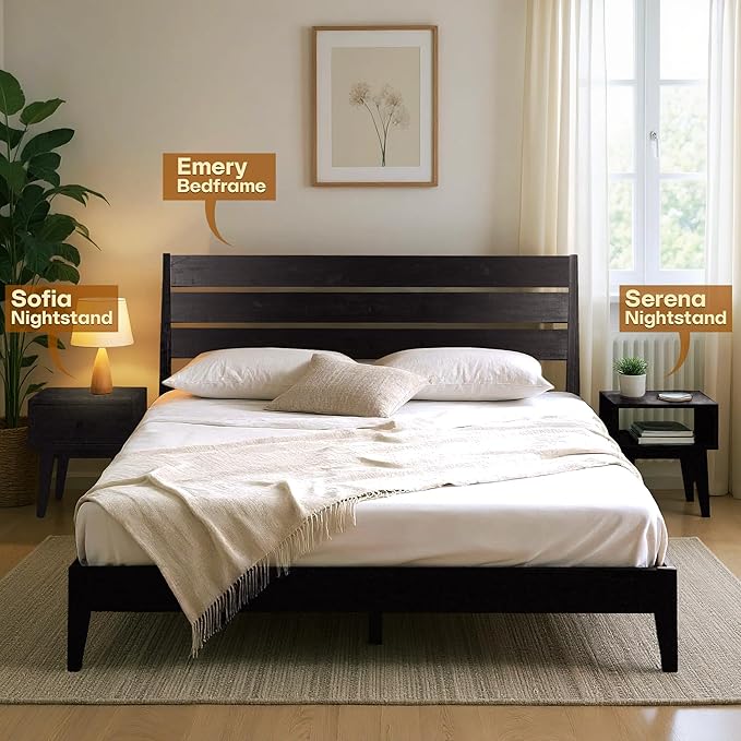 Acacia Serena Nightstand Solid Wood Nightstand with Open Storage Shelf, Wood Bedside Table, Night Stands for Bedroom - Black