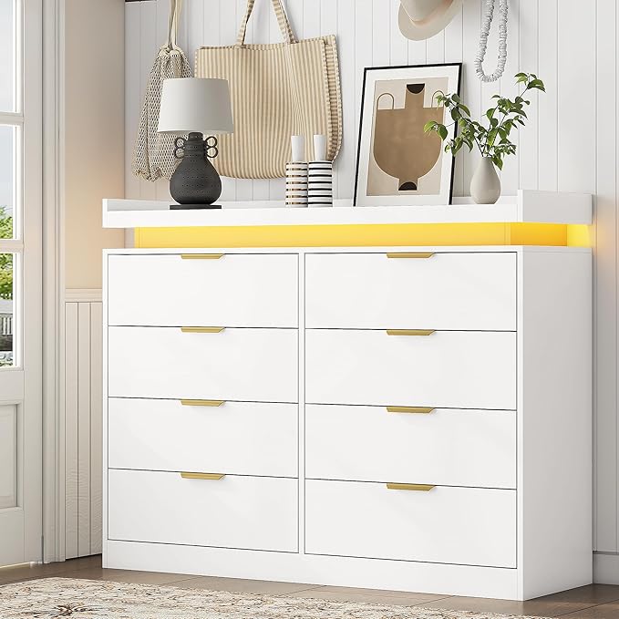 8 Drawer Dresser for Bedroom, White Dresser with LED Lights and Power Outlet, Wooden Dressers Chests of Drawers, Double Wide Dressers for Bedroom, Entryway, Hallway