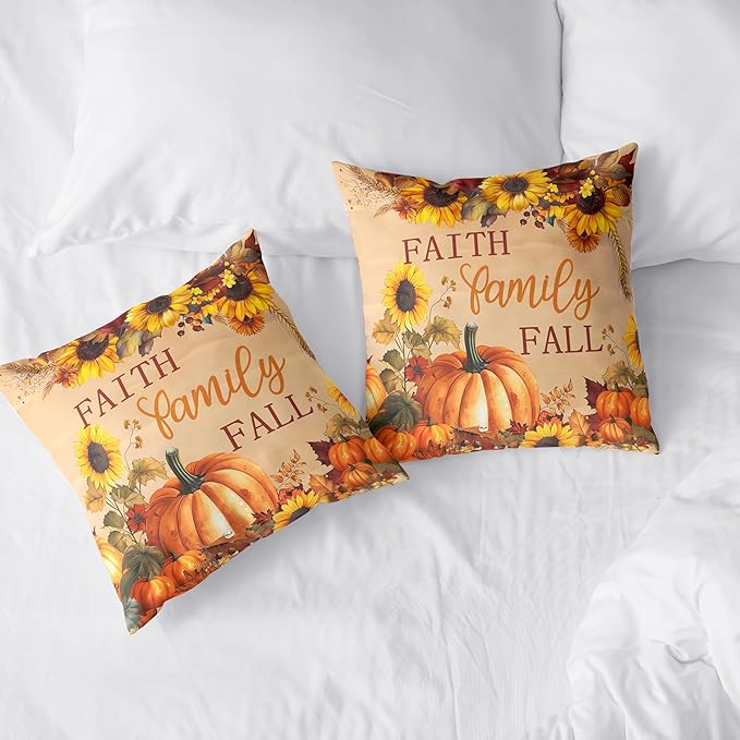 Fall Pillow Covers Pumpkin Sunflower Throw Pillow Covers Autumn Thanksgiving Harvest Pillow Case 20x20 Set of 2 Double Sided Printing Cushion Case for Couch Sofa