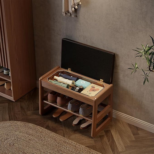 AQIMUELE Small Shoe Rack Bench,2 Tiers Shoe Bench with Storage with Flip-Top,Wood Shoe Rack for Entryway,Hallway(Dark Walnut Upholstered Seat)