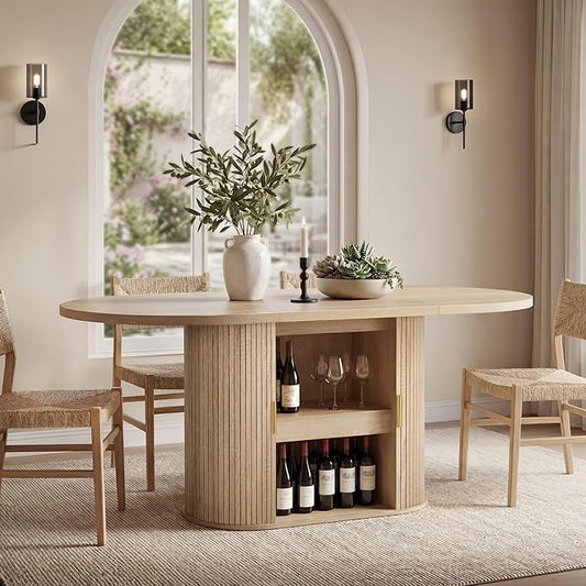 DWVO 70.9" Oval Dining Table for 6-8, Modern T-Shaped Kitchen Table with Storage Shelves & Pedestal Base, Multi-Purpose Dinner & Office Table, Light Oak
