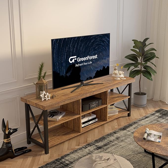 GreenForest TV Stand for TV up to 65 inches, Entertainment Center with 6 Storage Cabinet for Living Room, 55 inch Farmhouse Television Stands Console Table, TV Stands for Living Room, Walnut