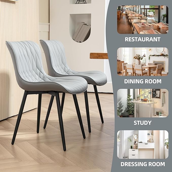 Finnhomy Dining Chairs Set of 2, Mid-Century Modern Upholstered Dining Chairs, Armless Faux Leather Accent Chairs with Backrest, Living Dining Room Chairs with Metal Legs for Dining Room, Light Grey
