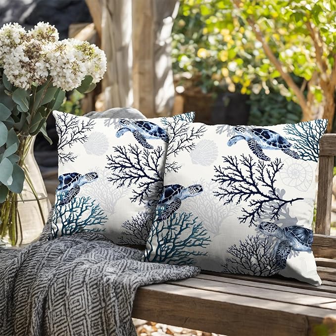 Coastal Coral Sea Turtle Throw Pillow Covers 22x22 Set of 2 Summer Nautical Beachy Decorative Pillow Cases Ocean Themed Blue White Cushion Cases for Outdoor Couch Patio