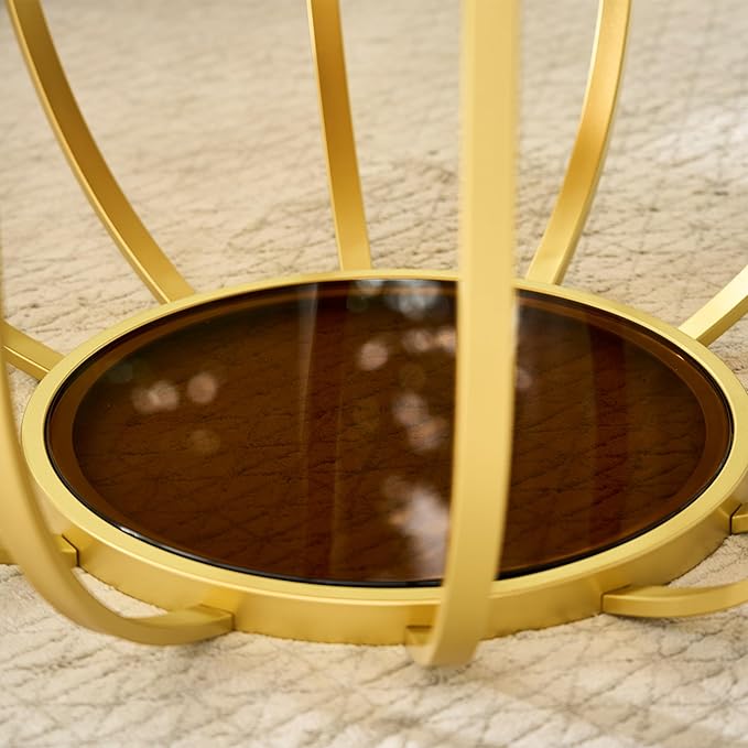 Saint Mossi Glass Round Coffee Table for Living Room, Modern 2-Tier Gold Drum Center Table, Brown Glass Top, Glass Shelf with Gold Finish Legs & Frame, W30xH16.5