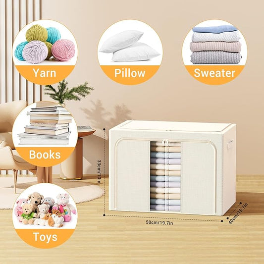Clothes Storage Bins with Metal Frame, Foldable Clothes Organizers Storage Containers for Clothes, Sheets, Blankets, Pillows and Towels (66L, 3 Pack) Beige
