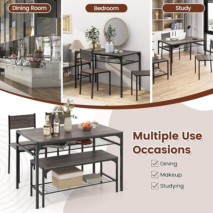 COSTWAY 4 Pieces Dining Table Set, Kitchen Table and 2 Chairs for 4 with Bench, Storage Racks, Metal Frame & Space-saving Design, Industrial Kitchen Table Set for Small Space, Apartment (Black & Grey)