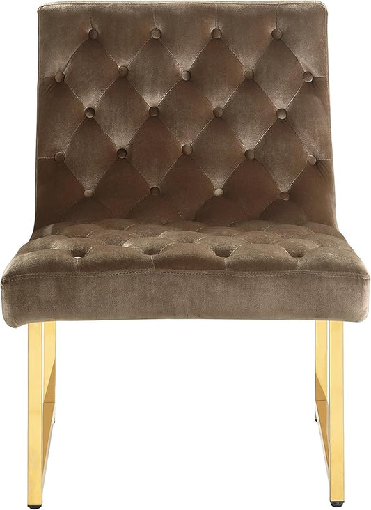 Iconic Home Moriah Accent Chair Sleek Elegant Tufted Velvet Upholstery Plush Cushion Brass Finished Polished Metal Frame, Contemporary Modern, Taupe