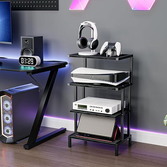 Aquzee Media Stand, Gaming Shelf, 4 Tier Small Electronics Shelves Video Game Console Organizer Cabinet, Wood Stereo Racks AV Shelves for Entertainment Center Storage, Recreation Room Furniture,Black