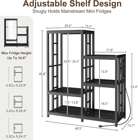 Mini Fridge Stand Coffee Bar Cabinet Station With Small Refrigerator Insert Storage Space, Shelf Organizer For Dorm Microwave To Sit, Black Baker Rack With Power Outlet, Big Table To Go Over Fridge