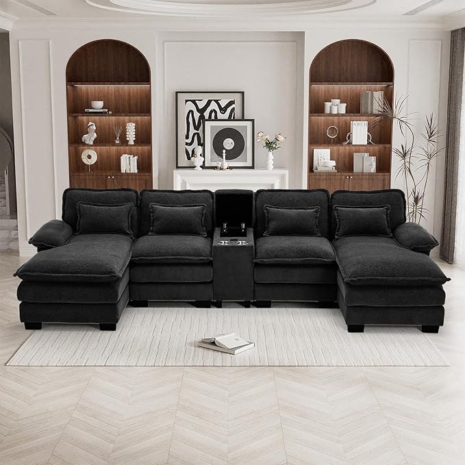 133" Oversized U Shaped Cloud Couch Modular Sectional Couches for Living Room Comfy Chenille Deep Seat Sofa Set with Double Chaise Lounge, Storage Central Console, Cup Holders, USB Port, Black
