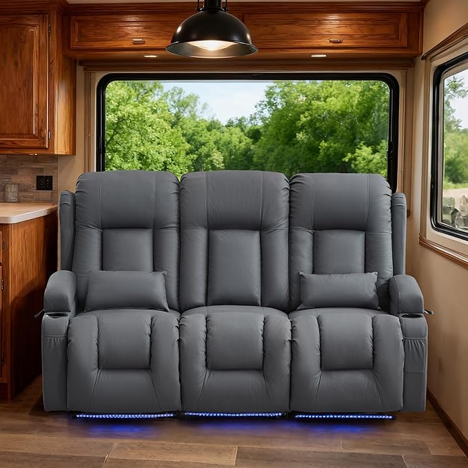 TUNYI Wall Hugger Loveseat Recliner Sofa with Console, Power Reclining Loveseat RV Couch with Massage & Heat/USB/Outlet/Storage/LED Light (Blue, 3 Seat)