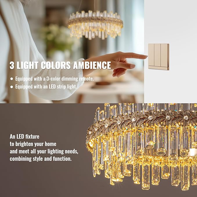 Gold Crystal Chandeliers for Dining Room,24" Luxury K9 Raindrop Crystal Chandelier,Adjustable Brushed LED Pendant Ceiling Light Fixture with Leaf-Edge for Dining Living Room Foyer Entryway