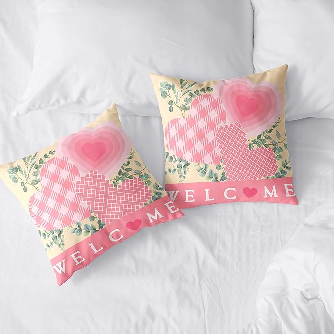 Spring Pillow Covers 18x18 Set of 2 Pink Heart Throw Pillow Covers Hearts with Eucalyptus Decorative Pillow Case Cushion Case for Couch Sofa