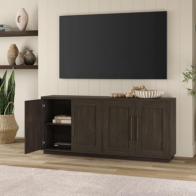 Henn&Hart 68" Sideboard Buffet Cabinet, Modern Credenza with 4 Panel Doors, Adjustable Shelves, and Cable Management Cut-Outs for Dining Room, Kitchen, Living Room or Entryway, Warm Brown