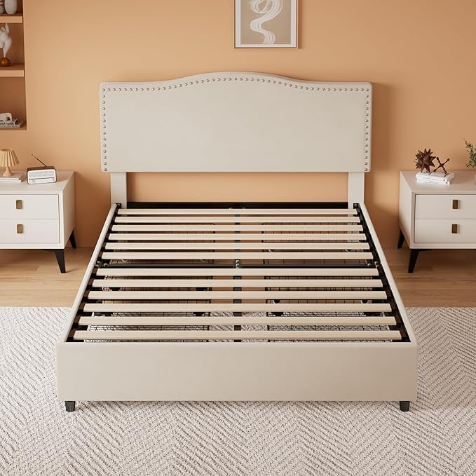 VECELO Queen Bed Frame, Platform Bed Frame with Underbed Storage Drawers and Adjustable Height Upholstered Headboard, Heavy-Duty Frame and Strong Wooden Slats Support, Noise-Free, Easy Assembly, Beige