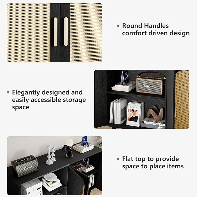Sideboard Buffet Cabinet with Storage, Retro Rattan Storage Cabinet Kitchen Sideboard Buffet with Artistic Carved Handle for Dining Room Living Room, (Black&Oak)