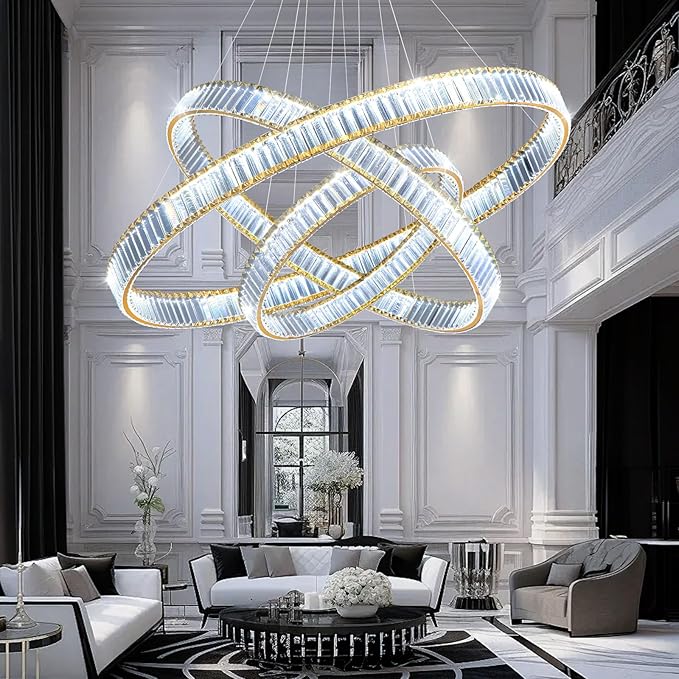 24''+32''+40'' Modern Ring Chandelier Crystal Chandeliers for Dining Room Round LED Dimmable Ceiling Light Fixture for Living Room Bedroom Lighting Gold