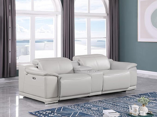 BlackJack Furniture Venice Top Grain Italian Leather Power Recline Loveseat Sofa - 93" Theater Seating Modern Couch for Living Room Apartment Home with Adjustable Headrests & USB Port, Light Grey