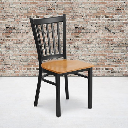 Flash Furniture 2 Pack HERCULES Series Black Vertical Back Metal Restaurant Chair - Natural Wood Seat